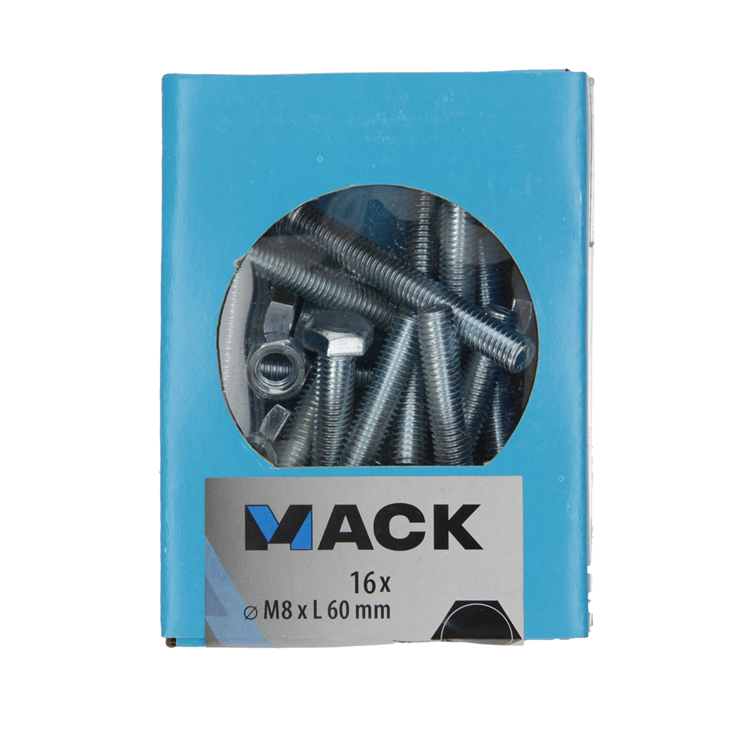 Mack 1020222 - perno macho + tuerca galvanizado 16 piezas m8 x 60 mm | 5 piezas