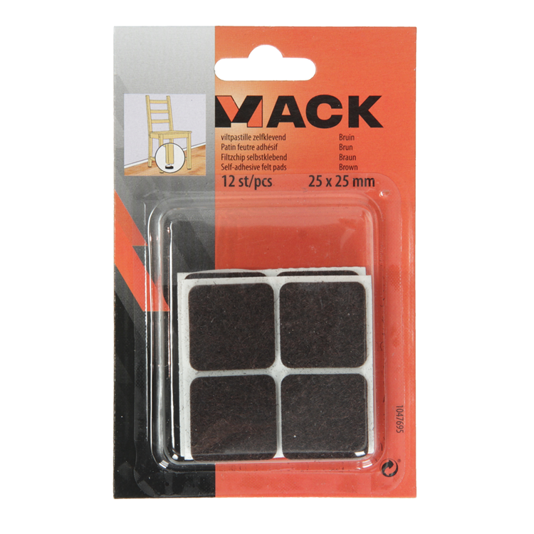 Mack 1047695 - pastiglia in feltro autoadesiva marrone 25 x 25 mm 12 pz | 12 pezzi