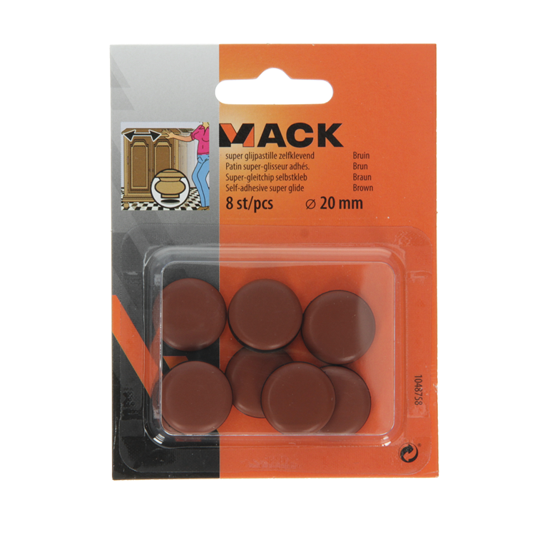 Mack 1048758 - pastiglia super scorrevole autoadesiva marrone ø 20 mm 8 pz | 12 pezzi