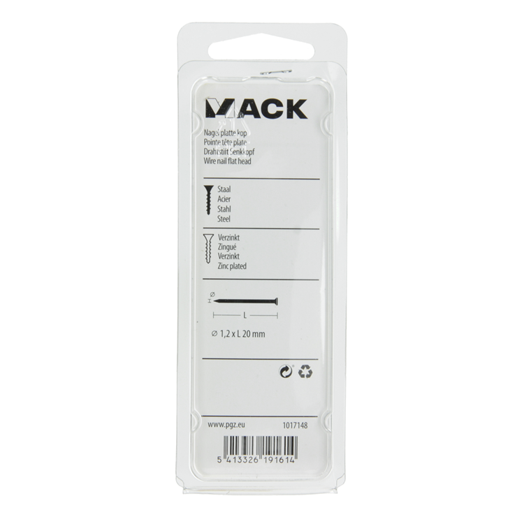 Mack 1017148 - clavo cabeza plana acero galvanizado 100 gr 1,2 x 20 mm | 5 piezas