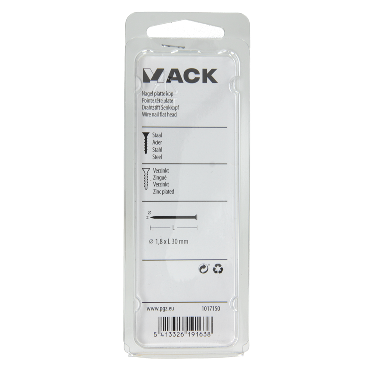 Mack 1017150 - clavo cabeza plana acero galvanizado 100 gr 1,8 x 30 mm | 5 piezas