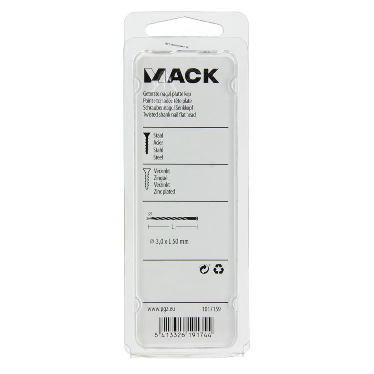 Mack 1017159 - clavo torcido pk galvanizado 135gr 3,0 x 50 mm | 5 piezas