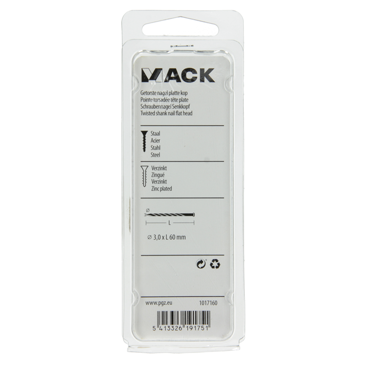 Mack 1017160 - clavo torcido pk galvanizado 135gr 3,0 x 60 mm | 5 piezas
