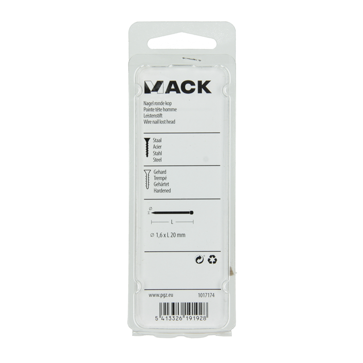 Mack 1017174 - clavo cabeza redonda acero endurecido 45 grados 1,6 x 20 mm | 10 piezas