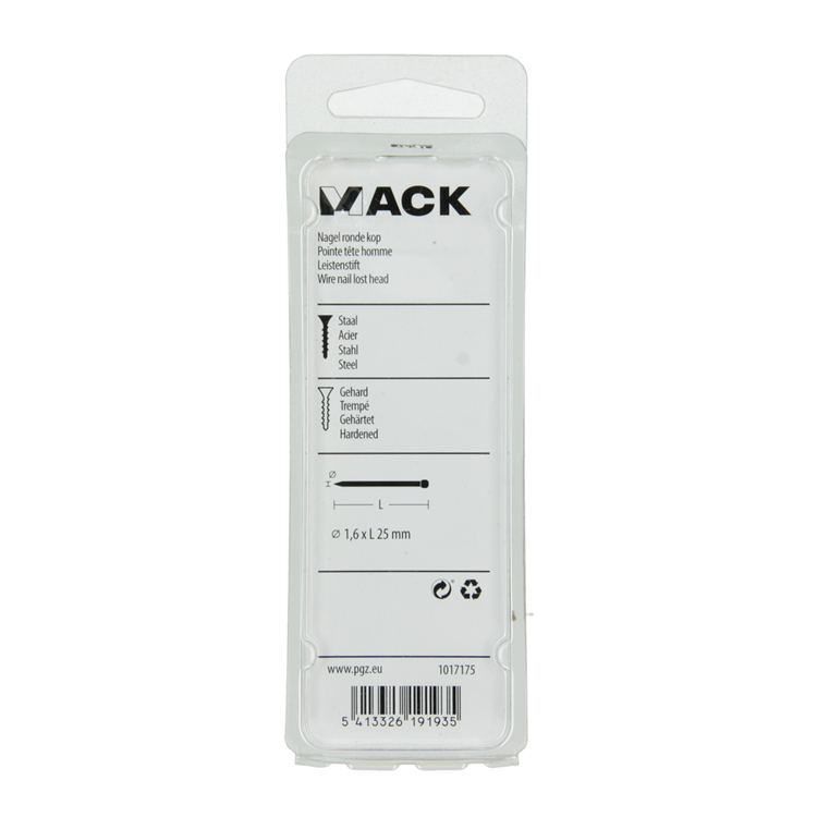 Mack 1017175 - clavo cabeza redonda acero endurecido 45 grados 1,6 x 25 mm | 10 piezas