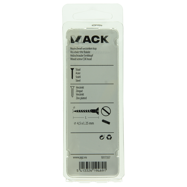 Mack 1017357 - tornillo para madera cabeza avellanada galvanizado 15 piezas 4,5 x 25 mm | 10 piezas