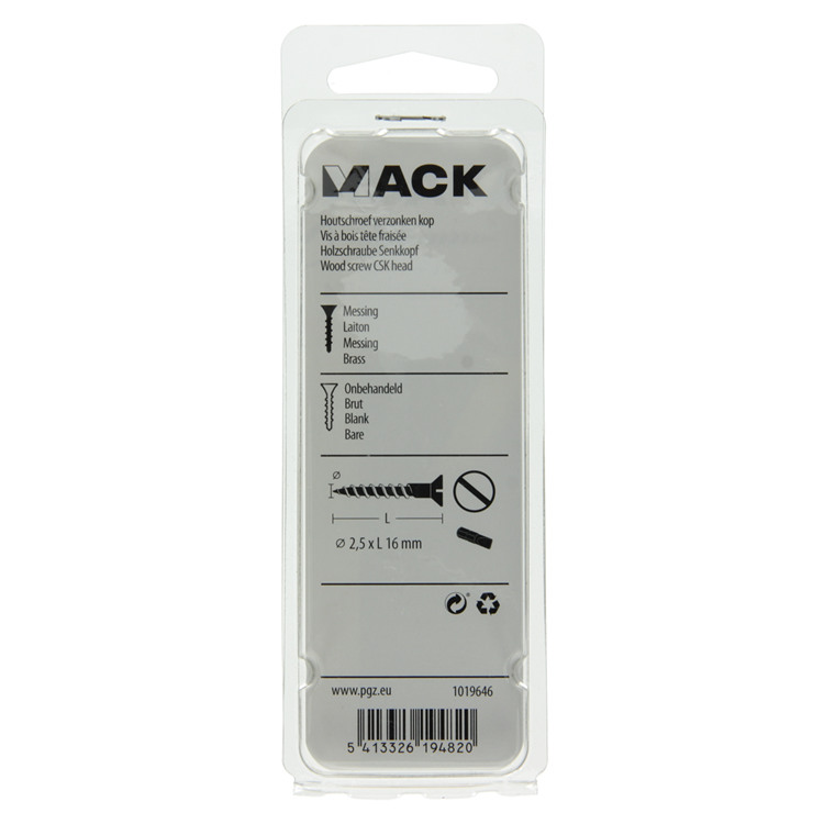 Mack 1019646 - tornillo para madera cabeza avellanada latón 11uds 2,5 x 16 mm | 10 piezas
