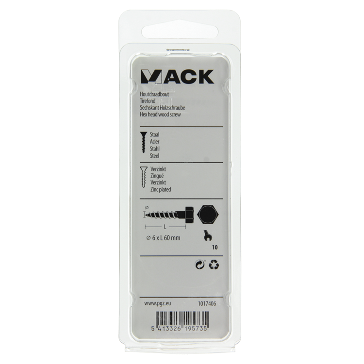 Mack 1017406 - perno roscado para madera acero galvanizado 8 piezas 6 x 60 mm | 10 piezas