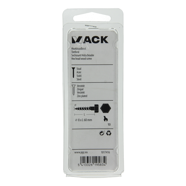 Mack 1017416 - perno rosca madera acero galvanizado 6 piezas 8 x 60 mm | 5 piezas