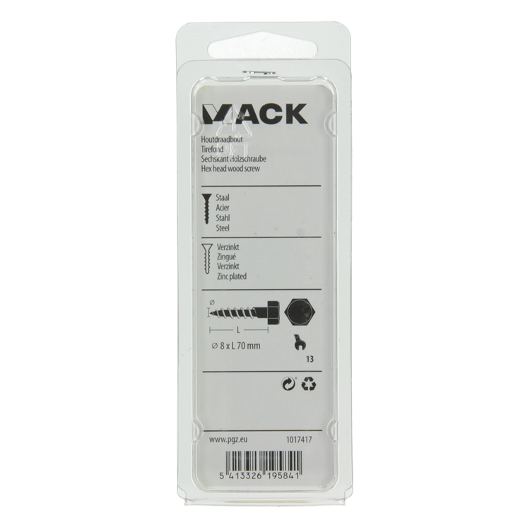 Mack 1017417 - perno roscado para madera acero galvanizado 5 piezas 8 x 70 mm | 5 piezas