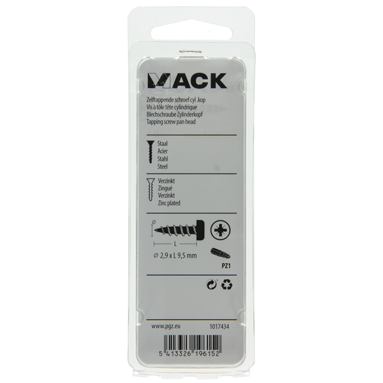Mack 1017434 - tornillo autorroscante cabeza cilíndrica galv. 40 piezas de 2,9 x 9,5 mm | 10 piezas