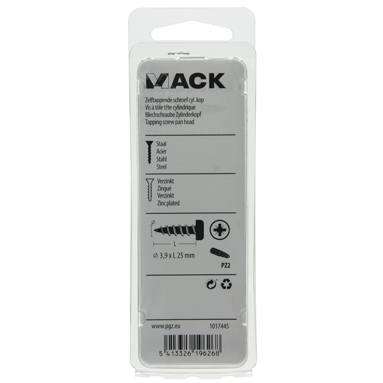Mack 1017445 - tornillo autorroscante cabeza cilíndrica galv. 18 piezas 3,9 x 25 mm | 10 piezas