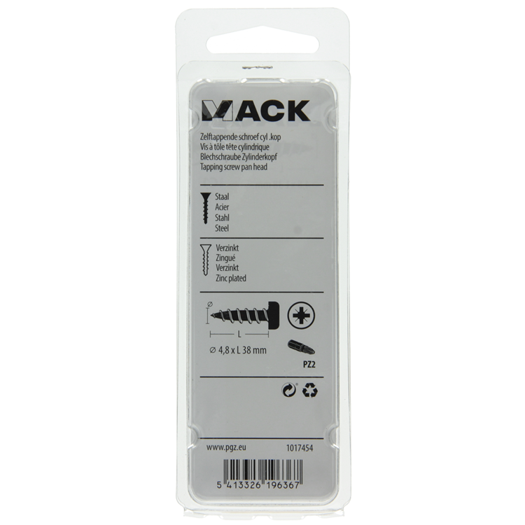 Mack 1017454 - tornillo autorroscante cabeza cilíndrica galv. 9 piezas 4,8 x 38 mm | 10 piezas