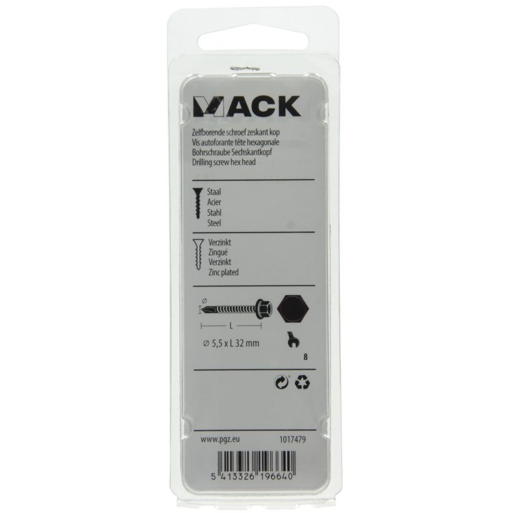 Mack 1017479 - tornillo hexagonal autoperforante. cabeza galvanizada. 14 piezas 5,5 x 32 mm | 5 piezas