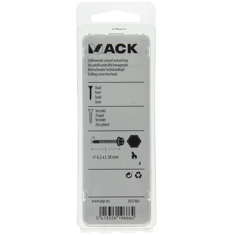 Mack 1017481 - tornillo hexagonal autoperforante. cabeza galvanizada. 12 piezas 6,3 x 38 mm | 5 piezas