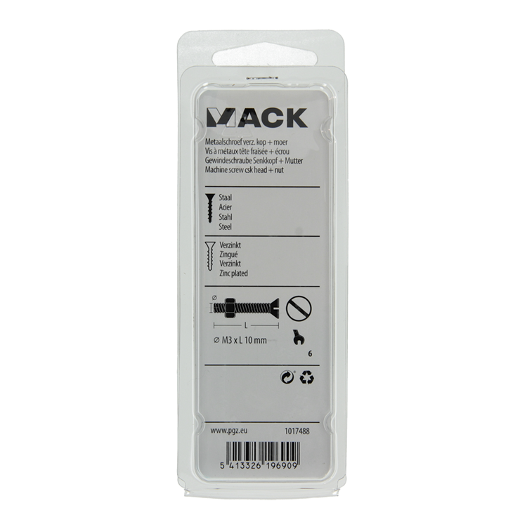 Mack 1017488 - tornillo metálico galvanizado. cabeza + tuerca chapada 30uds m3 x 10 mm | 10 piezas
