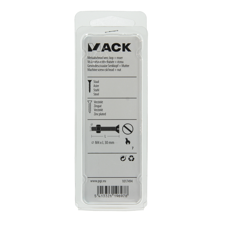 Mack 1017494 - tornillo metálico galvanizado. cabeza + tuerca chapada 14pzs m4 x 30 mm | 10 piezas