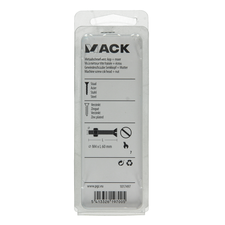 Mack 1017497 - tornillo metálico galvanizado. cabeza + tuerca chapada 6 piezas m4 x 60 mm | 10 piezas