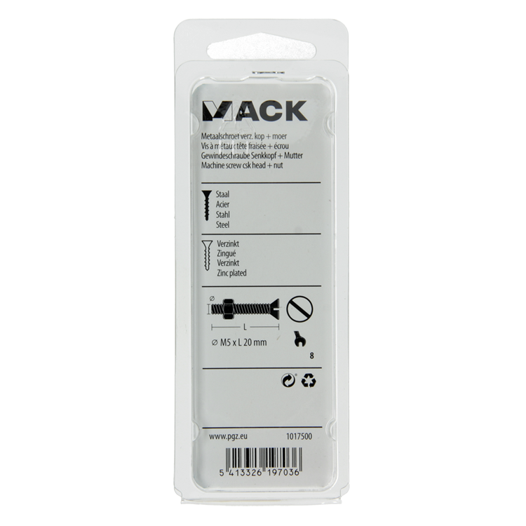 Mack 1017500 - tornillo metálico galvanizado. cabeza + tuerca chapada 15uds m5 x 20 mm | 10 piezas