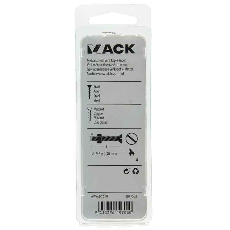 Mack 1017502 - tornillo metálico galvanizado. cabeza + tuerca chapada 13uds m5 x 30 mm | 10 piezas