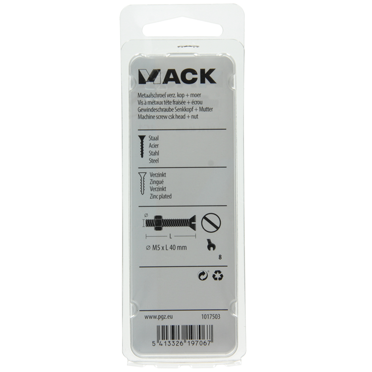 Mack 1017503 - tornillo metálico galvanizado. cabeza + tuerca chapada 10uds m5 x 40 mm | 10 piezas