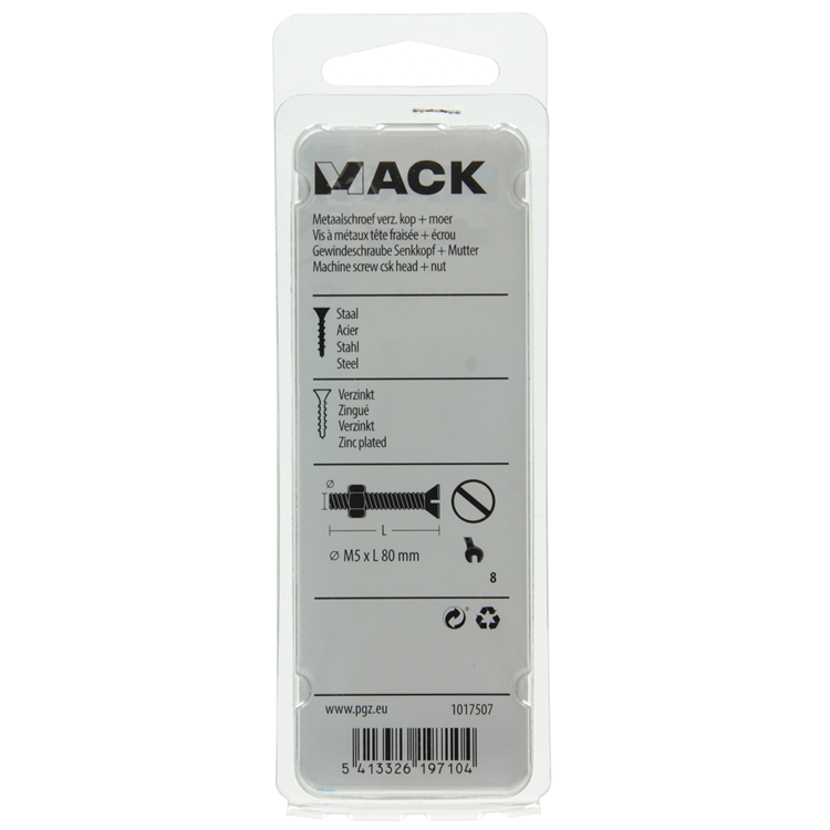 Mack 1017507 - tornillo metálico galvanizado. cabeza + tuerca chapada 5 piezas m5 x 80 mm | 10 piezas