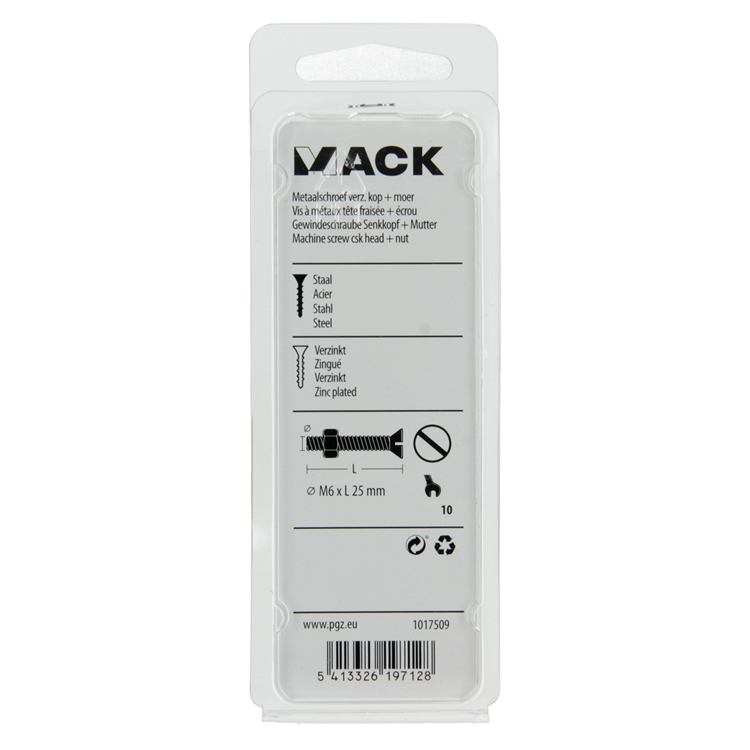 Mack 1017509 - tornillo metálico galvanizado. cabeza + tuerca chapada 9 piezas m6 x 25 mm | 10 piezas