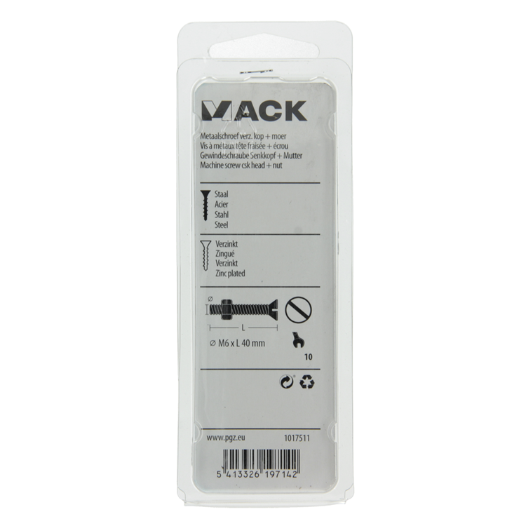 Mack 1017511 - tornillo metálico galvanizado. cabeza + tuerca chapada 6 piezas m6 x 40 mm | 10 piezas
