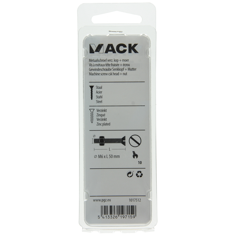 Mack 1017512 - tornillo metálico galvanizado. cabeza + tuerca plateada 6 piezas m6 x 50 mm | 10 piezas