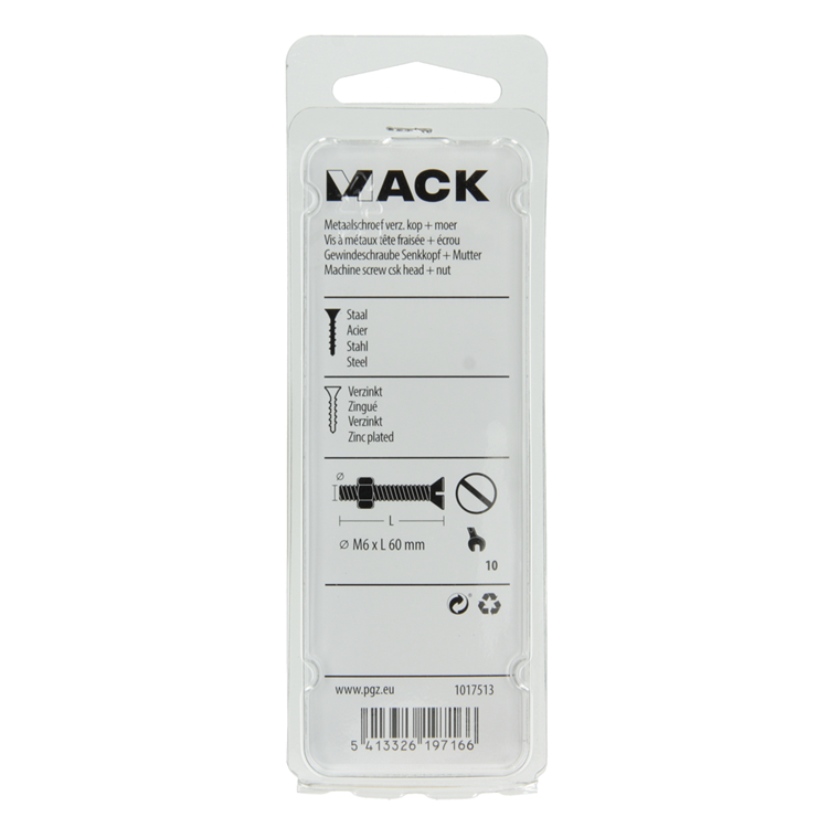 Mack 1017513 - tornillo metálico galvanizado. cabeza + tuerca chapada 5 piezas m6 x 60 mm | 10 piezas