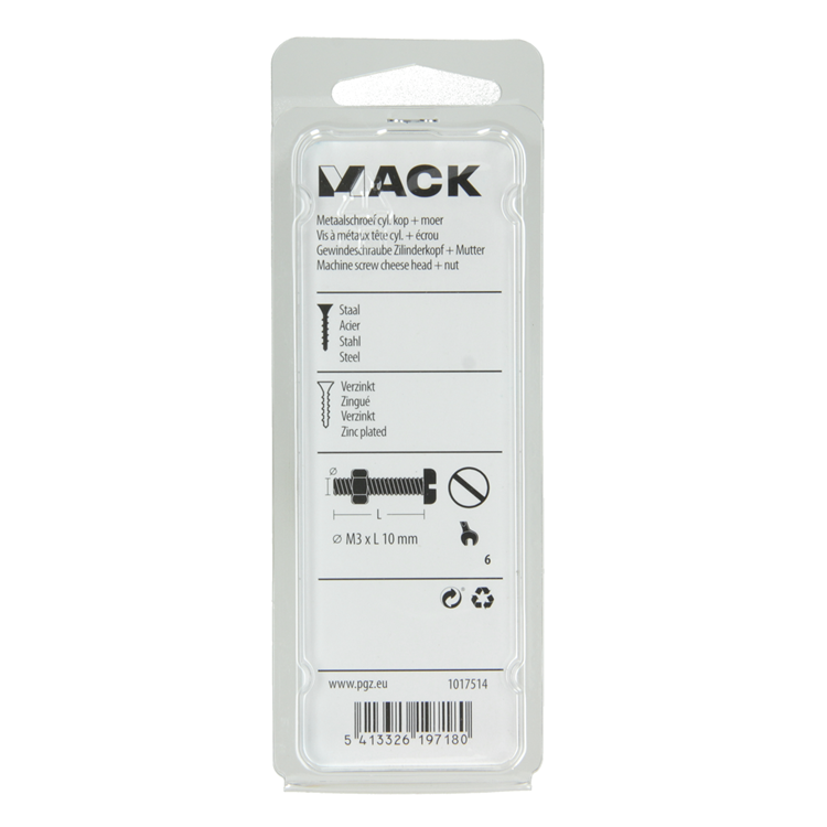 Mack 1017514 - cilindro de tornillo metálico. cabeza + tuerca chapada 30 piezas m3 x 10 mm | 10 piezas