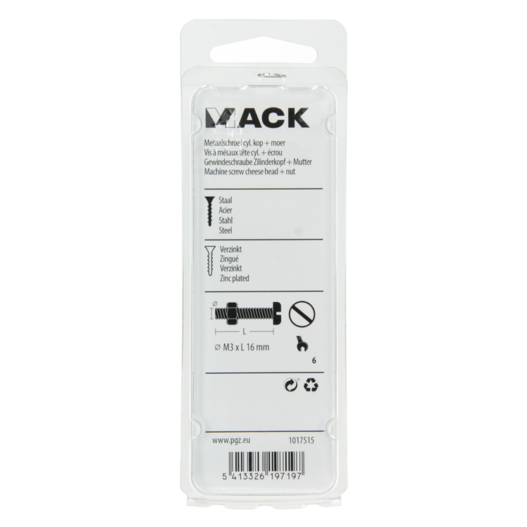 Mack 1017515 - cilindro de tornillo metálico. cabeza + tuerca plateada 27 piezas m3 x 16 mm | 10 piezas