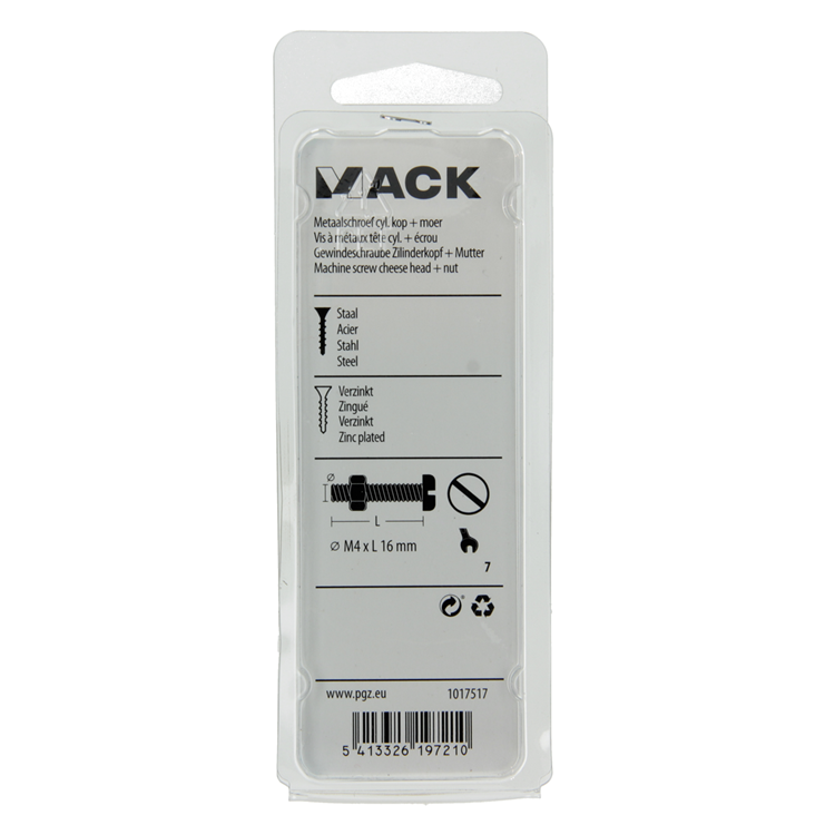 Mack 1017517 - cilindro de tornillo metálico. cabeza + tuerca chapada 20 piezas m4 x 16 mm | 10 piezas