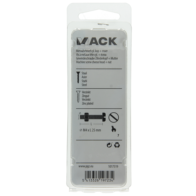 Mack 1017519 - cilindro de tornillo metálico. cabeza + tuerca chapada 16 piezas m4 x 25 mm | 10 piezas