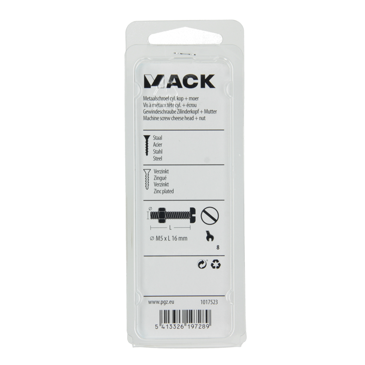 Mack 1017523 - cilindro de tornillo metálico. cabeza + tuerca chapada 16 piezas m5 x 16 mm | 10 piezas