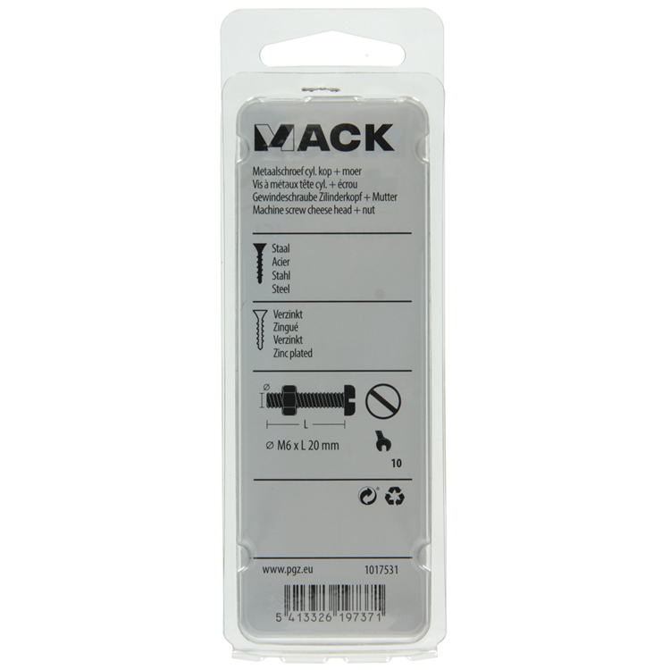 Mack 1017531 - cilindro de tornillo metálico. cabeza + tuerca chapada 10 piezas m6 x 20 mm | 10 piezas