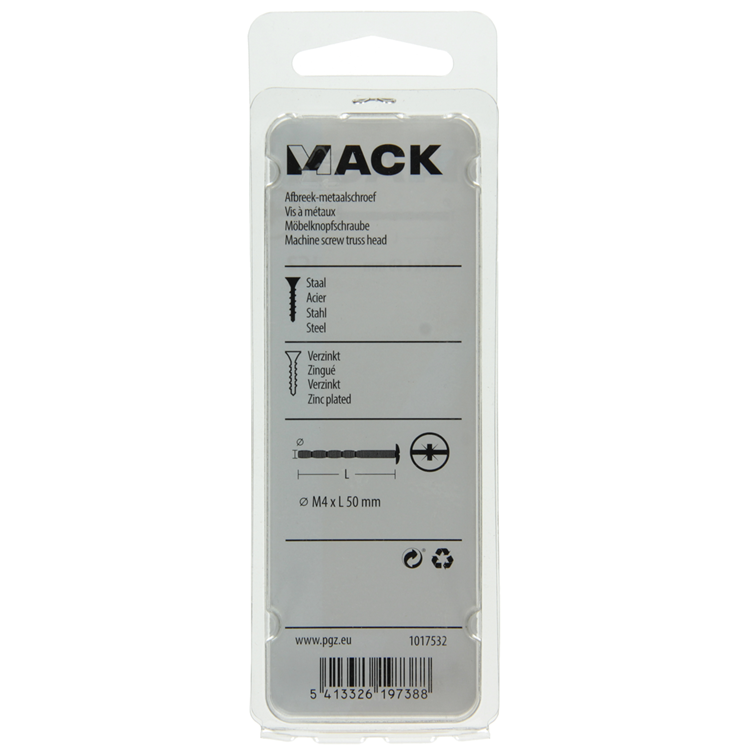 Mack 1017532 - tornillo metálico desmontable galvanizado. 4 piezas m4 x 50 mm | 10 piezas