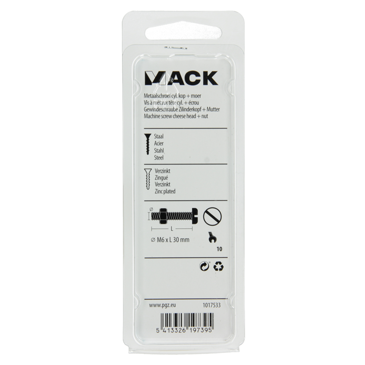Mack 1017533 - cilindro de tornillo metálico. cabeza + tuerca chapada 8 piezas m6 x 30 mm | 10 piezas