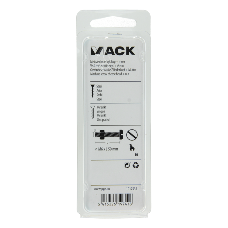 Mack 1017535 - cilindro de tornillo metálico. cabeza + tuerca chapada 5 piezas m6 x 50 mm | 10 piezas