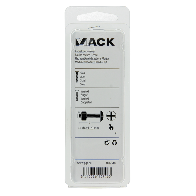 Mack 1017540 - perno calentador + tuerca acero galvanizado 20 piezas m4 x 20 mm | 10 piezas