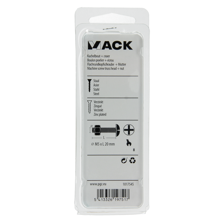 Mack 1017545 - perno calentador + tuerca acero galvanizado 15 piezas m5 x 20 mm | 10 piezas
