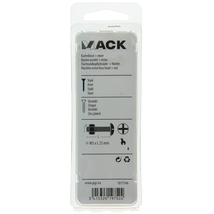 Mack 1017546 - perno estufa + tuerca acero galvanizado 14 piezas m5 x 25 mm | 5 piezas