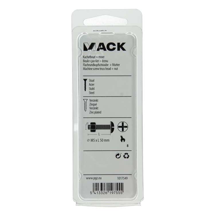 Mack 1017549 - perno calentador + tuerca acero galvanizado 8 piezas m5 x 50 mm | 5 piezas