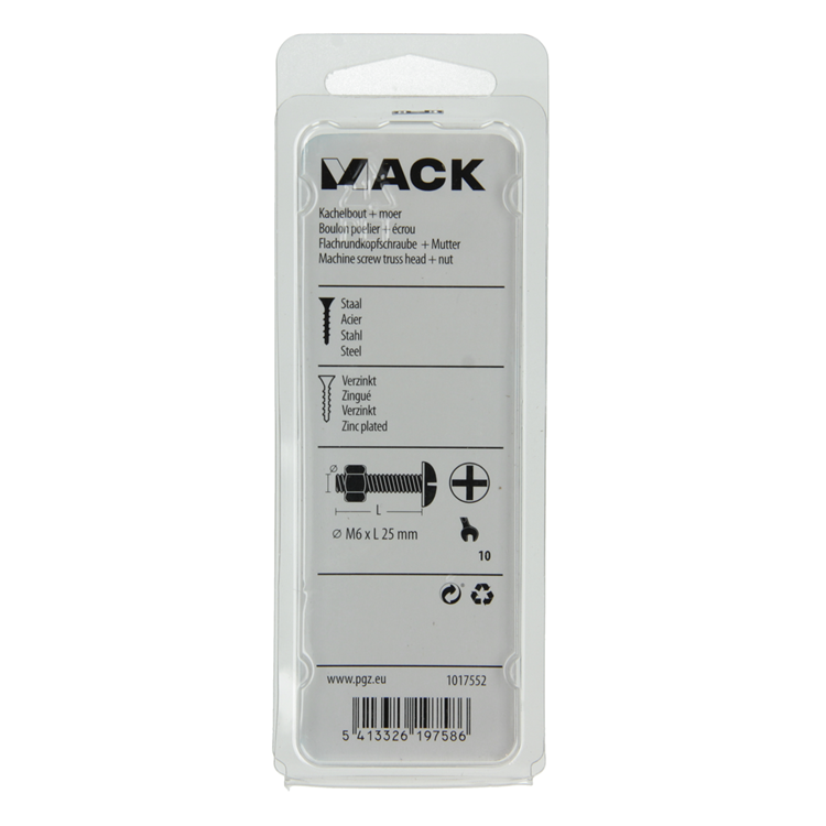 Mack 1017552 - perno estufa + tuerca acero galvanizado 8 piezas m6 x 25 mm | 5 piezas
