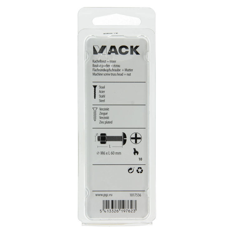 Mack 1017556 - perno estufa + tuerca acero galvanizado 5 piezas m6 x 60 mm | 10 piezas