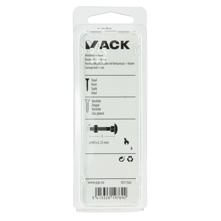 Mack 1017562 - perno para madera + tuerca acero galvanizado 12 piezas m5 x 25 mm | 5 piezas