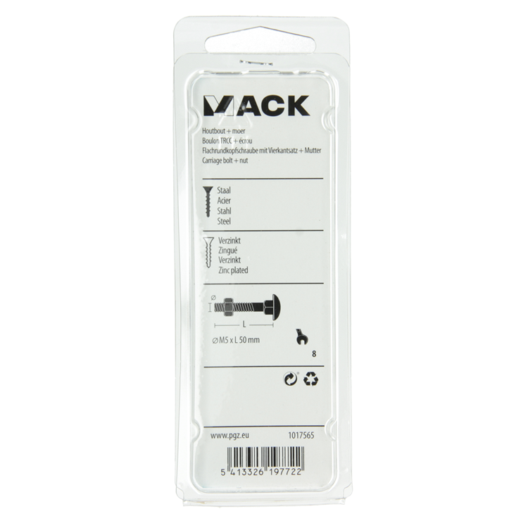 Mack 1017565 - perno para madera + tuerca acero galvanizado 8 piezas m5 x 50 mm | 5 piezas
