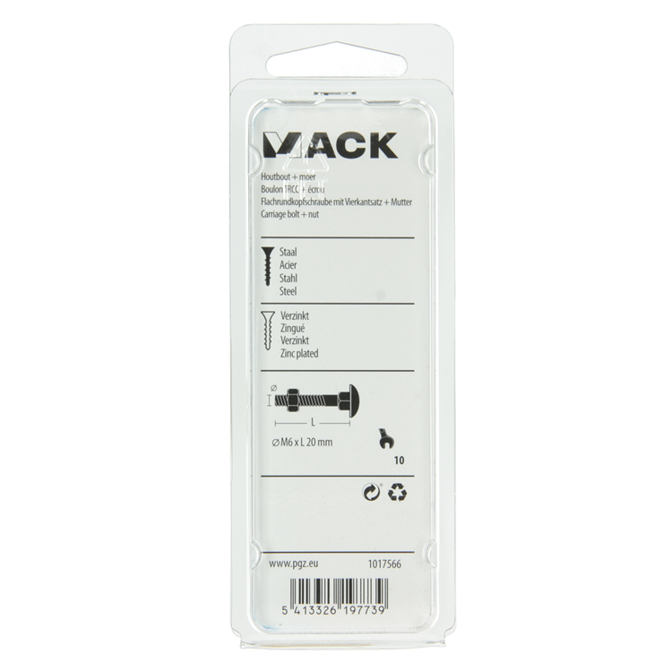 Mack 1017566 - perno para madera + tuerca acero galvanizado 10 piezas m6 x 20 mm | 5 piezas