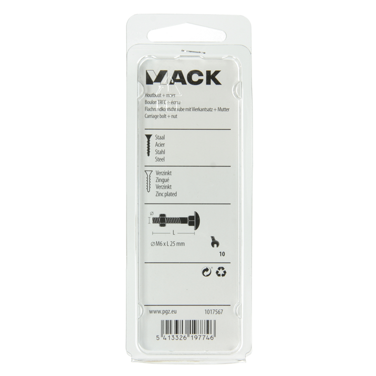 Mack 1017567 - perno para madera + tuerca acero galvanizado 9 piezas m6 x 25 mm | 5 piezas