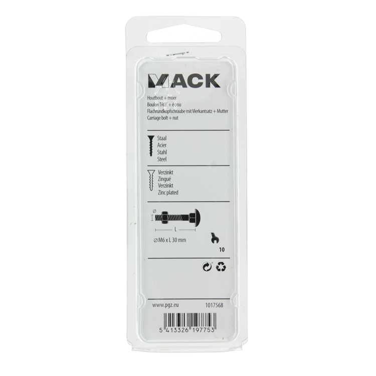 Mack 1017568 - perno para madera + tuerca acero galvanizado 8 piezas m6 x 30 mm | 5 piezas